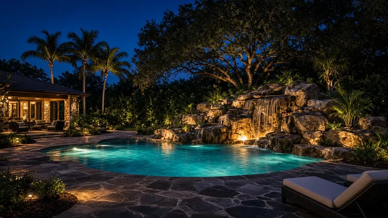 A resort-style backyard pool with a lit rock waterfall and glowing aqua water at dusk